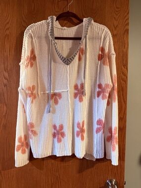 White Floral Knit Hoodie Sweater - Women's